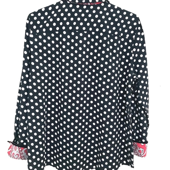 Foxcroft NYC button down shirt women 14 navy/white polka dots red paisley preppy - Picture 2 of 15
